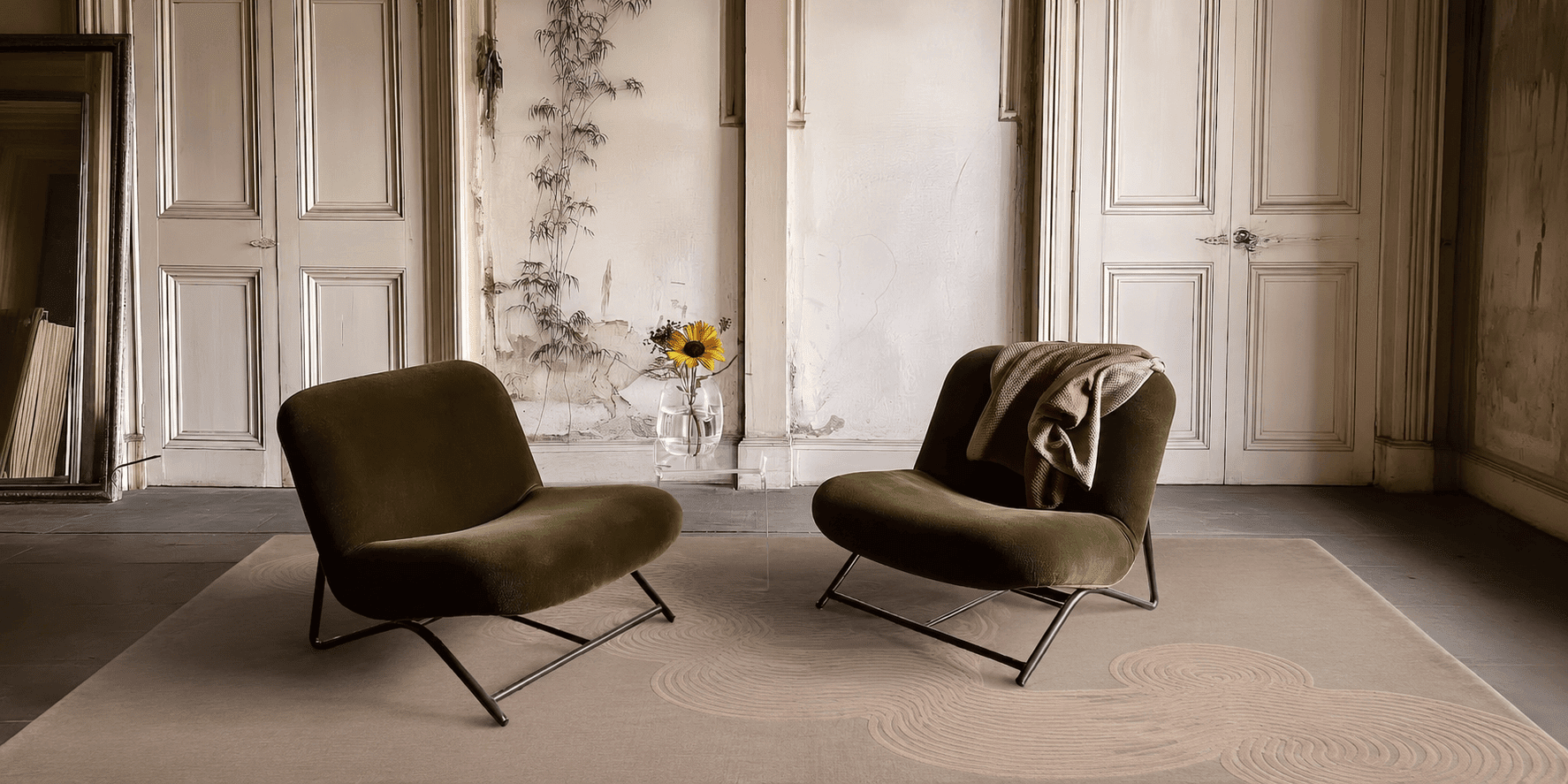 SMOKESCREEN II SILVER BLUSH installation in a cozy vintage lounge with natural light